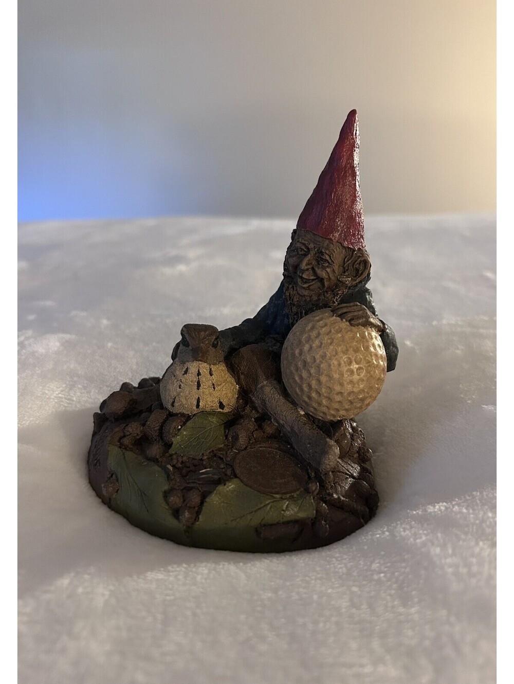 Vintage Gnome Holding A Golf Ball And A Bird